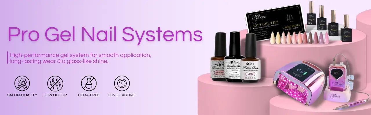 Pro Gel Nail Systems banner – NSI Australia soft gel tips, gel polish, nail lamp and e-file, salon-quality low-odour HEMA-free long-lasting.