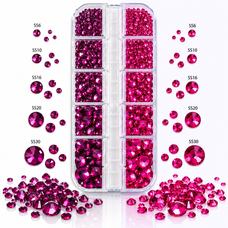 Pink rhinestones tray, deep magenta and hot pink, with SS6 to SS30 size guide and loose stones