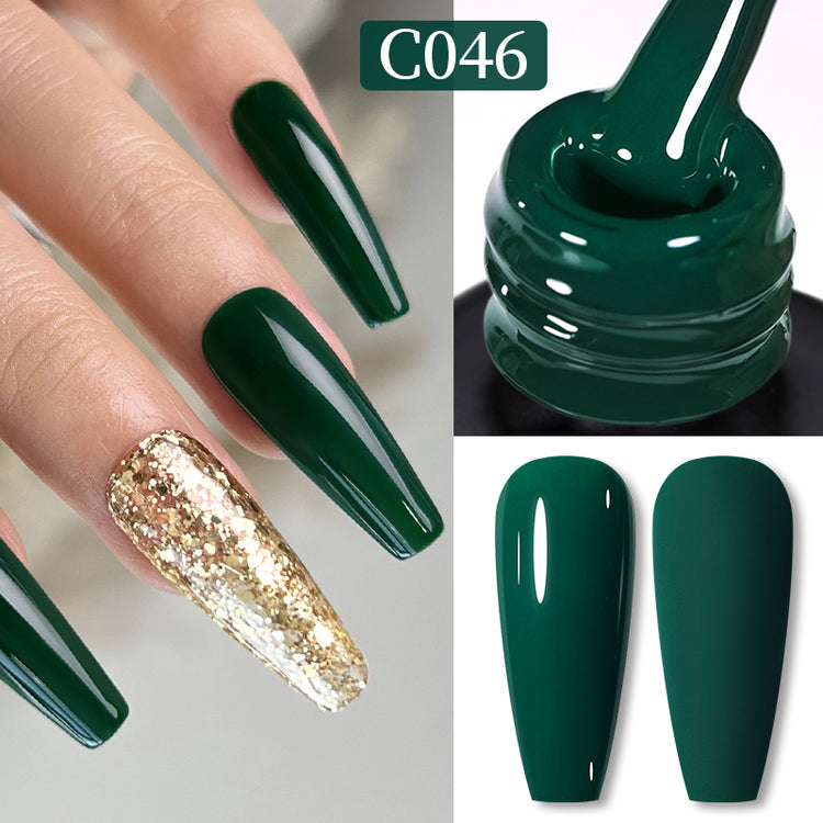 Nail Success Australia gel polish C046 in dark emerald green, shown on a model's long coffin nails with a gold glitter accent, plus the bottle and gloss and matte swatches