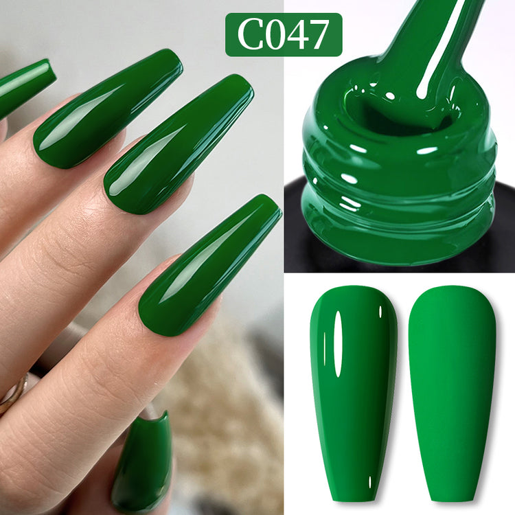 Nail Success Australia gel polish C047 in rich kelly green, shown on a model's long glossy coffin nails alongside the bottle and gloss and matte swatch tips