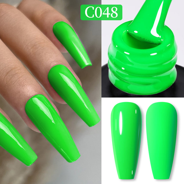 Nail Success Australia gel polish C048 in bright neon green, shown on a model's long glossy coffin nails alongside the bottle and gloss and matte swatch tips