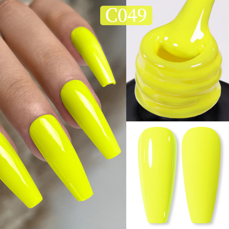 Nail Success Australia gel polish C049 in neon yellow, shown on a model's long glossy coffin nails alongside the bottle and gloss and matte swatch tips