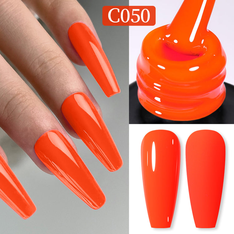 Nail Success Australia gel polish C050 in neon orange, shown on a model's long glossy coffin nails alongside the bottle and gloss and matte swatch tips