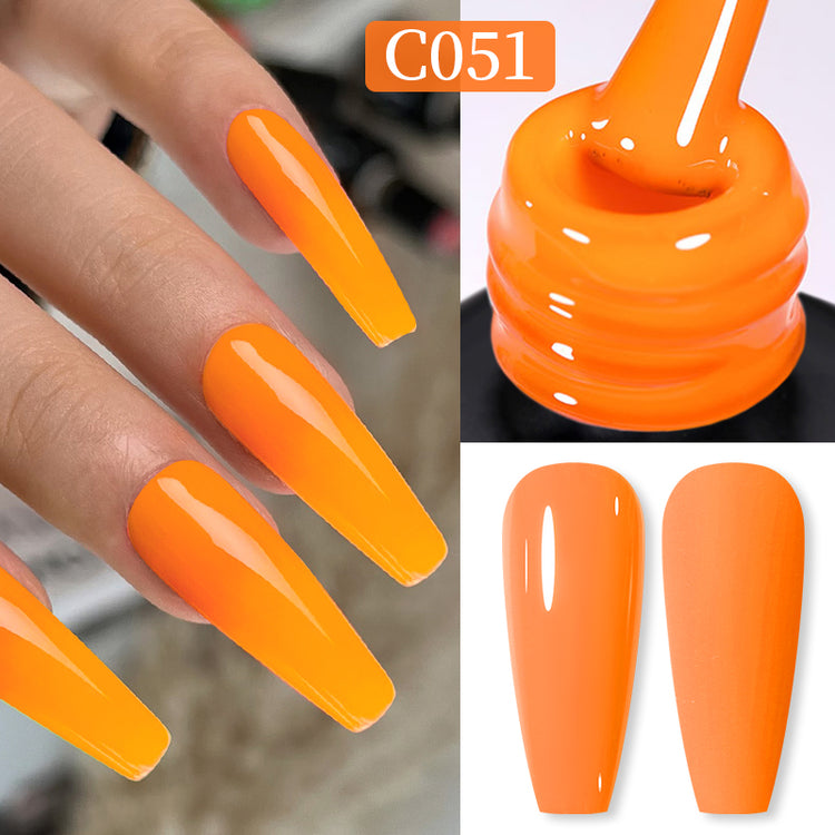Nail Success Australia gel polish C051 in bright orange, shown on a model's long glossy coffin nails alongside the bottle and gloss and matte swatch tips