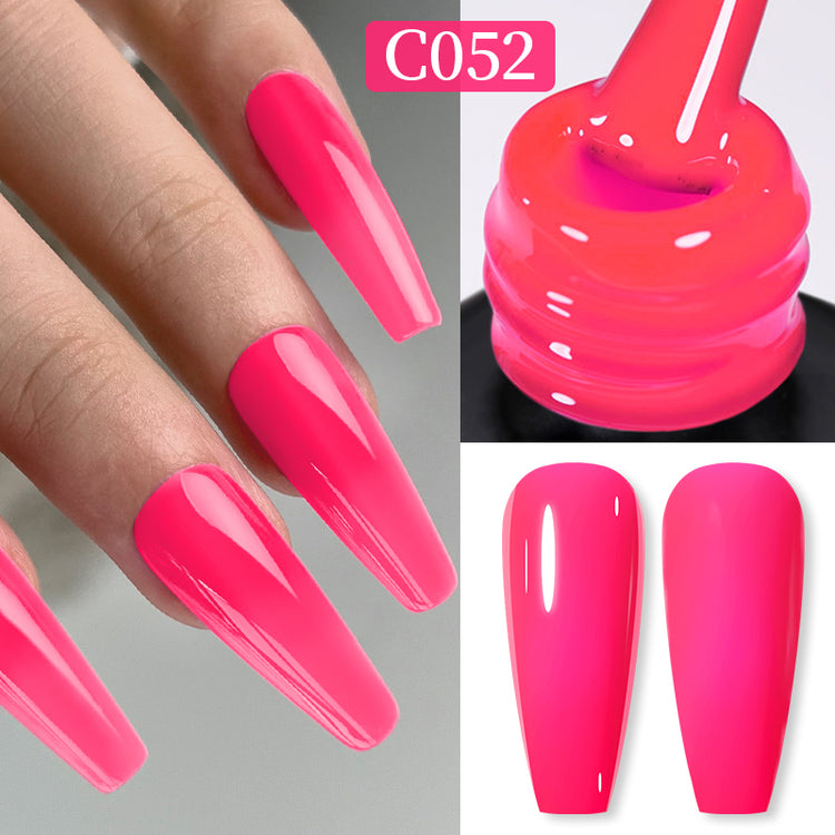 Nail Success Australia gel polish C052 in hot neon pink, shown on a model's long glossy coffin nails alongside the bottle and gloss and matte swatch tips
