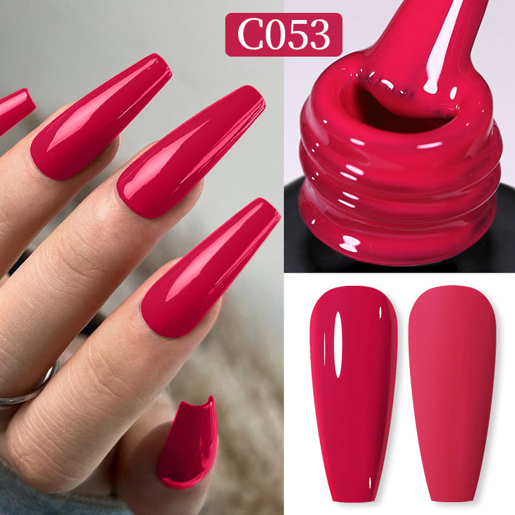 Nail Success Australia gel polish C053 in raspberry red, shown on a model's long glossy coffin nails alongside the bottle and gloss and matte swatch tips