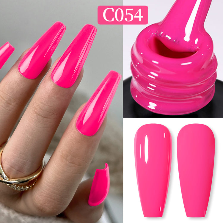Nail Success Australia gel polish C054 in bright hot pink, shown on a model's long glossy coffin nails alongside the bottle and gloss and matte swatch tips