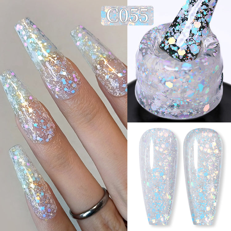 Nail Success Australia gel polish C055 in a clear base packed with white opal iridescent glitter, shown on a model's long coffin nails alongside the bottle and gloss and matte swatch tips