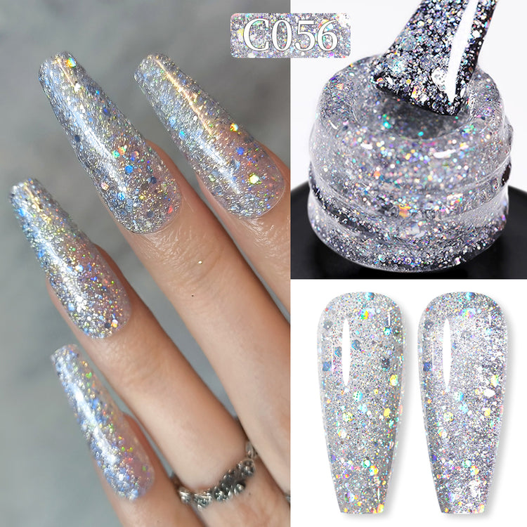 Nail Success Australia gel polish C056 in silver holographic glitter, shown on a model's long coffin nails alongside the bottle and gloss and matte swatch tips