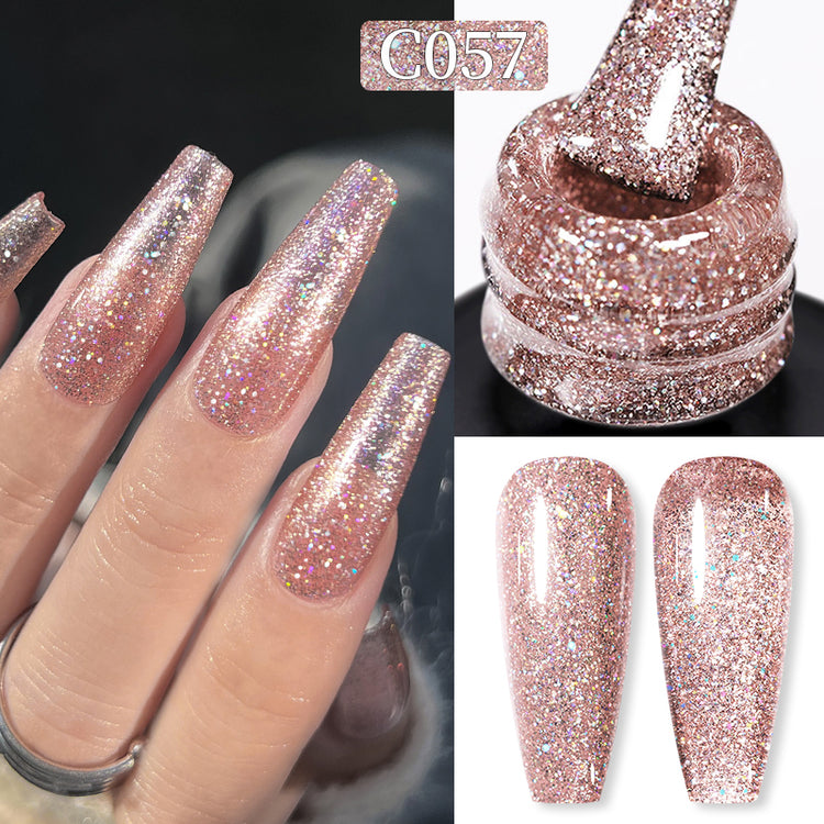Nail Success Australia gel polish C057 in a rose gold pink holographic glitter, shown on a model's long coffin nails alongside the bottle and gloss and matte swatch tips