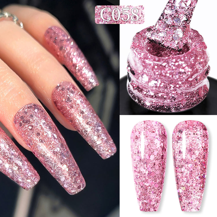 Nail Success Australia gel polish C058 in a pink glitter, shown on a model's long coffin nails alongside the bottle and gloss and matte swatch tips