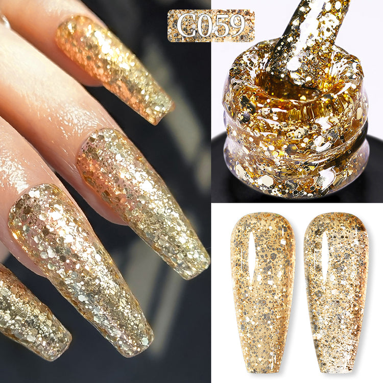 Nail Success Australia gel polish C059 in a champagne gold glitter, shown on a model's long coffin nails alongside the bottle and gloss and matte swatch tips