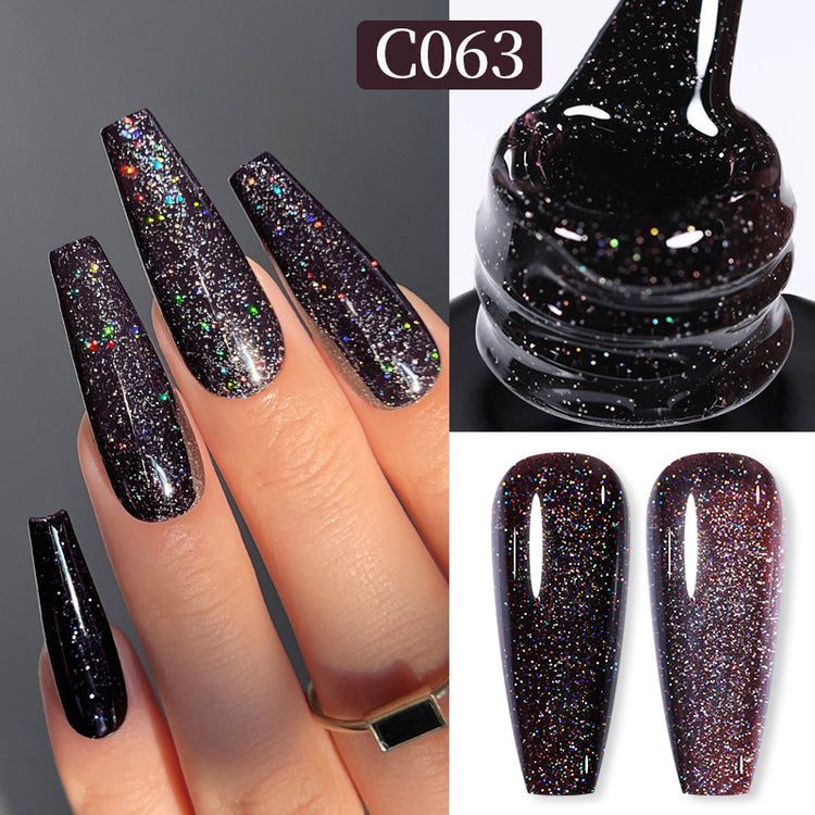Nail Success Australia gel polish C063 in a black base with multicolour holographic glitter, shown on a model's long coffin nails alongside the bottle and gloss and matte swatch tips
