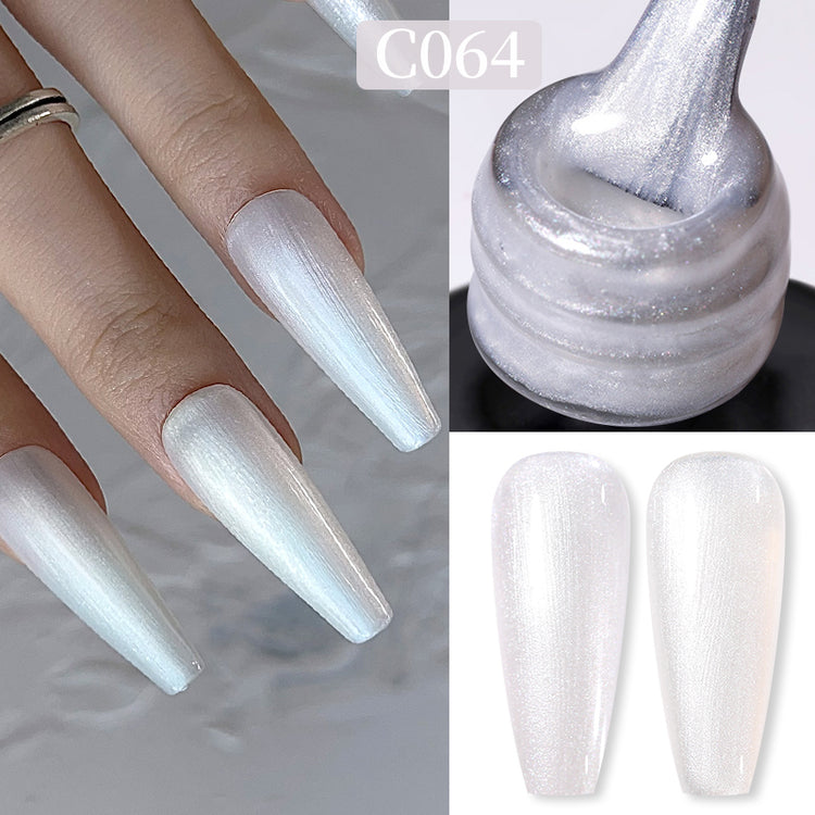 Nail Success Australia gel polish C064 in an icy white pearl shimmer, shown on a model's long coffin nails alongside the bottle and gloss and matte swatch tips