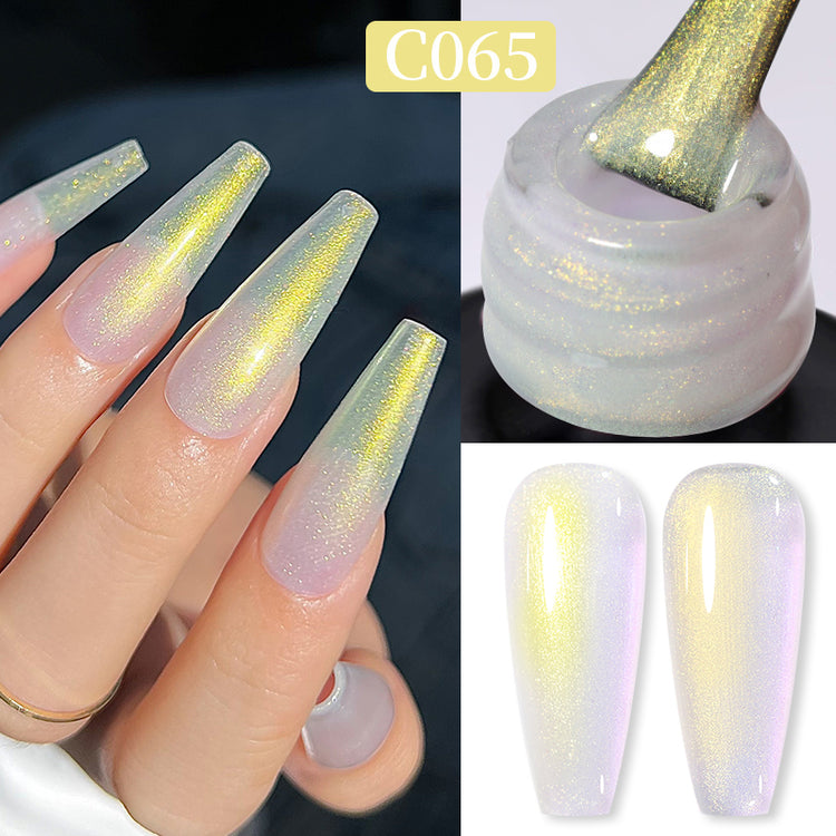 Nail Success Australia gel polish C065 in a milky white with golden aurora shimmer, shown on a model's long coffin nails alongside the bottle and gloss and matte swatch tips