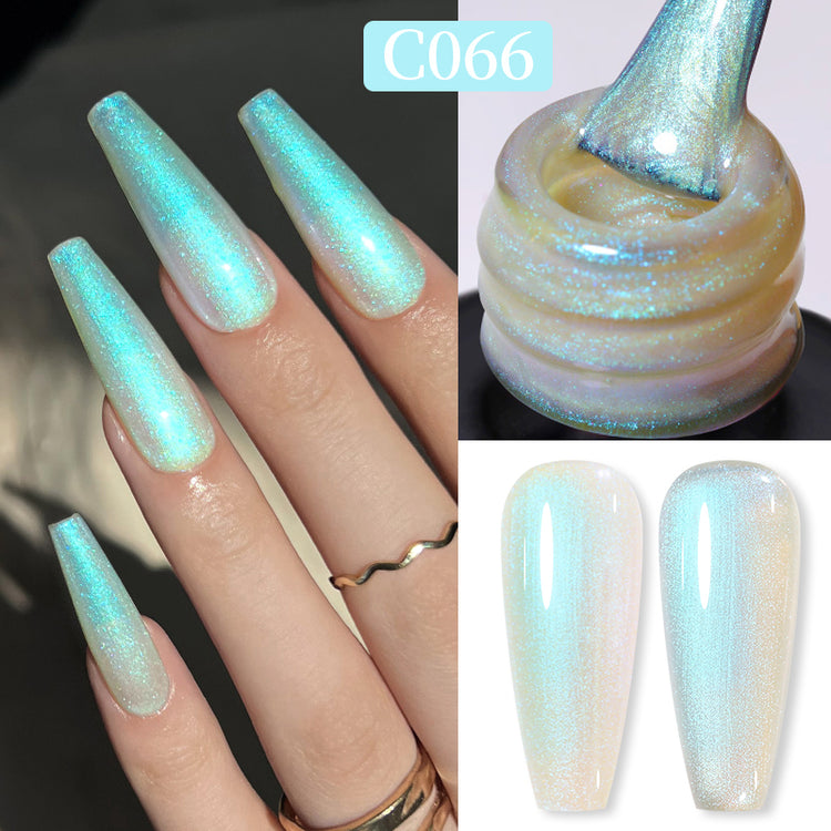Nail Success Australia gel polish C066 in a pearl white with aqua-green aurora shimmer, shown on a model's long coffin nails alongside the bottle and gloss and matte swatch tips