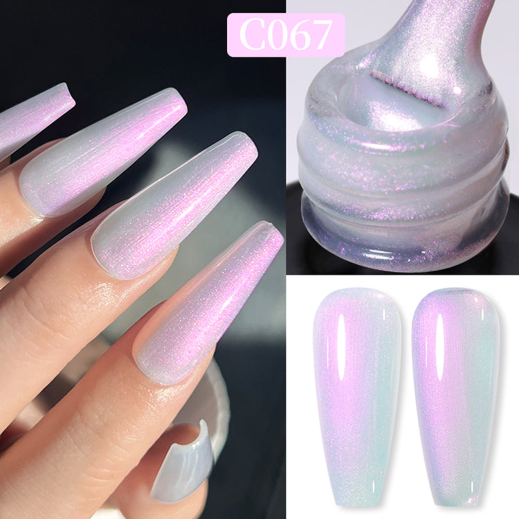 Nail Success Australia gel polish C067 in a pearl white with pink and purple aurora shimmer, shown on a model's long coffin nails alongside the bottle and gloss and matte swatch tips