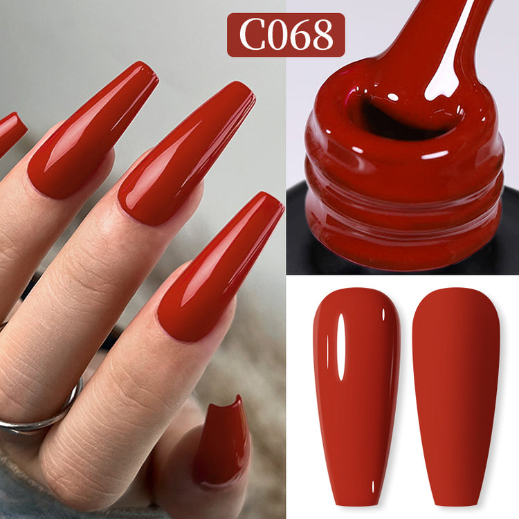 Nail Success Australia gel polish C068 in a warm brick red, shown on a model's long glossy coffin nails alongside the bottle and gloss and matte swatch tips