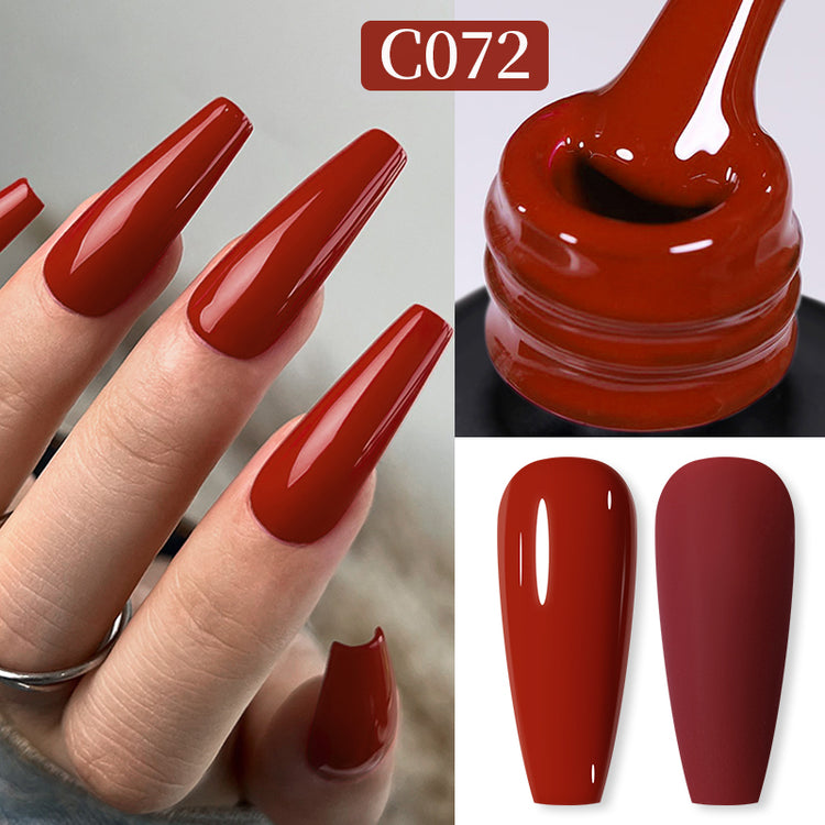 Nail Success Australia gel polish C072 in a terracotta rust red, shown on a model's long glossy coffin nails alongside the bottle and gloss and matte swatch tips