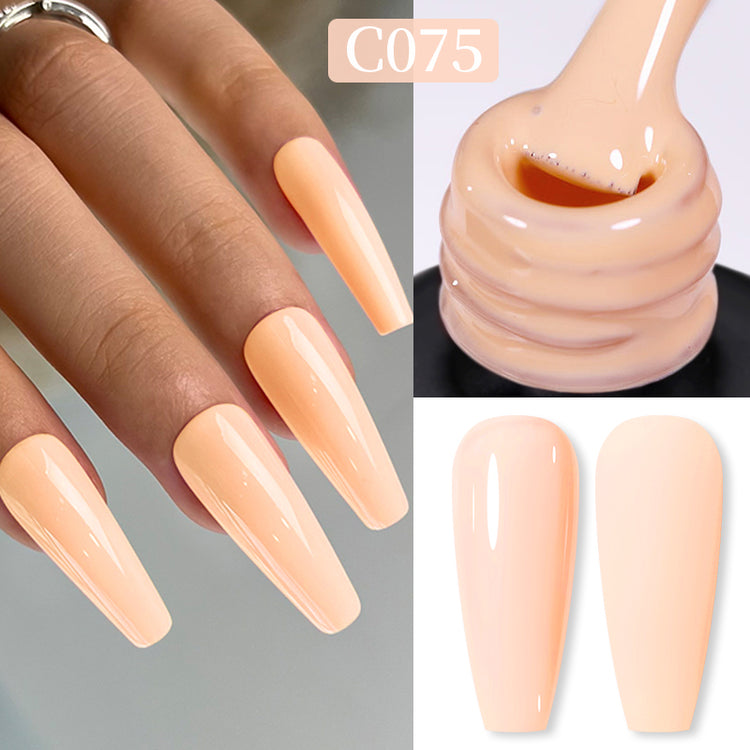 Nail Success Australia gel polish C075 in a soft pastel peach, shown on a model's long glossy coffin nails alongside the bottle and gloss and matte swatch tips