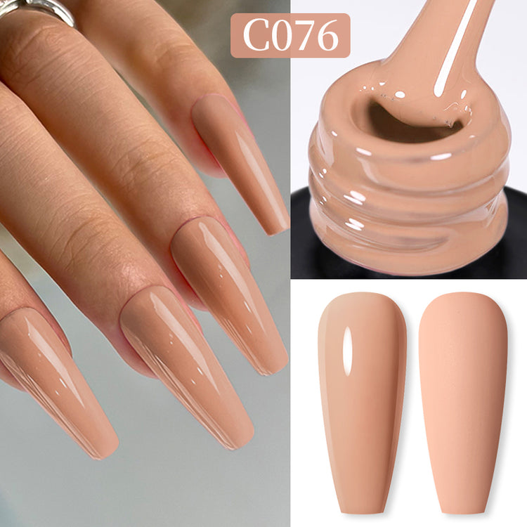 Nail Success Australia gel polish C076 in a nude beige, shown on a model's long glossy coffin nails alongside the bottle and gloss and matte swatch tips