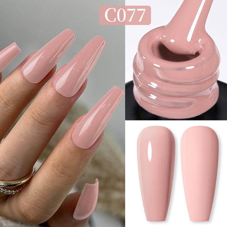 Nail Success Australia gel polish C077 in a soft dusty rose nude, shown on a model's long glossy coffin nails alongside the bottle and gloss and matte swatch tips