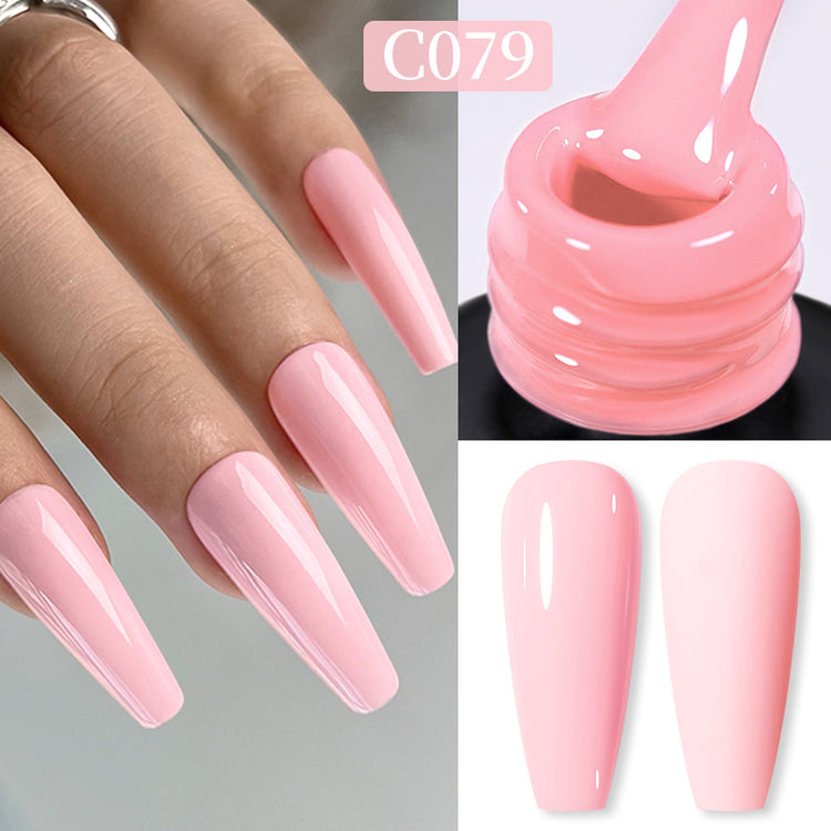 Nail Success Australia gel polish C079 in a soft baby pink, shown on a model's long glossy coffin nails alongside the bottle and gloss and matte swatch tips
