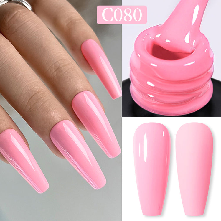 Nail Success Australia gel polish C080 in a soft bubblegum pink, shown on a model's long glossy coffin nails alongside the bottle and gloss and matte swatch tips