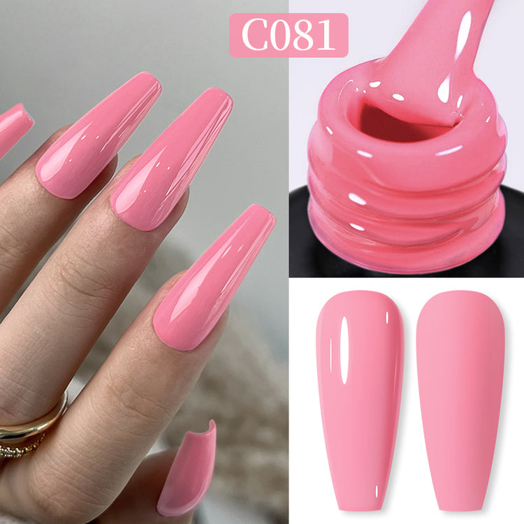 Nail Success Australia gel polish C081 in a warm rose pink, shown on a model's long glossy coffin nails alongside the bottle and gloss and matte swatch tips