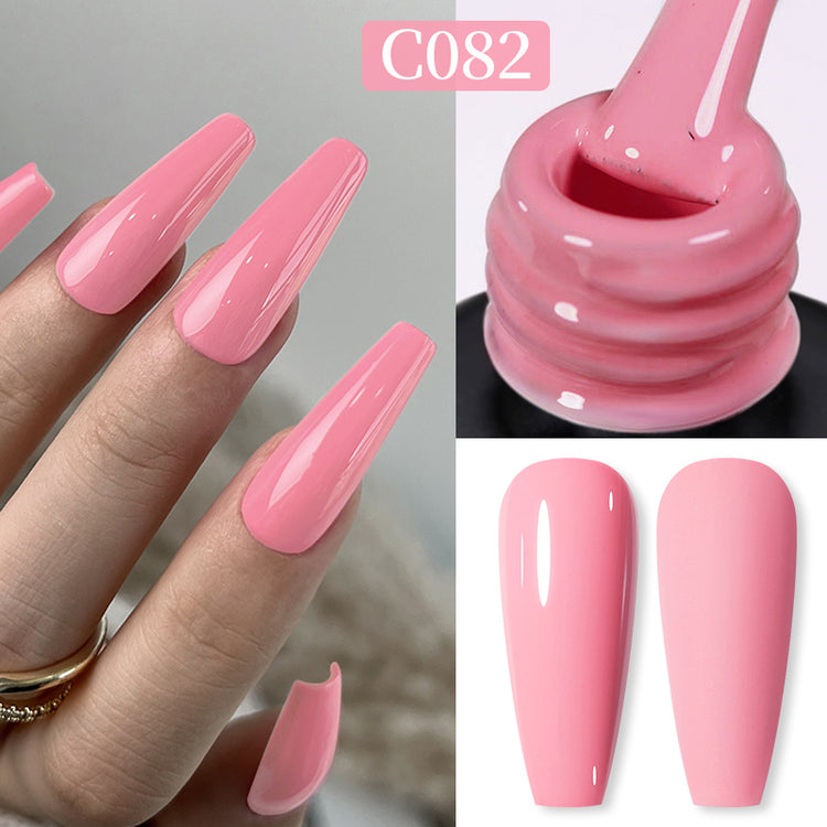 Nail Success Australia gel polish C082 in a coral salmon pink, shown on a model's long glossy coffin nails alongside the bottle and gloss and matte swatch tips