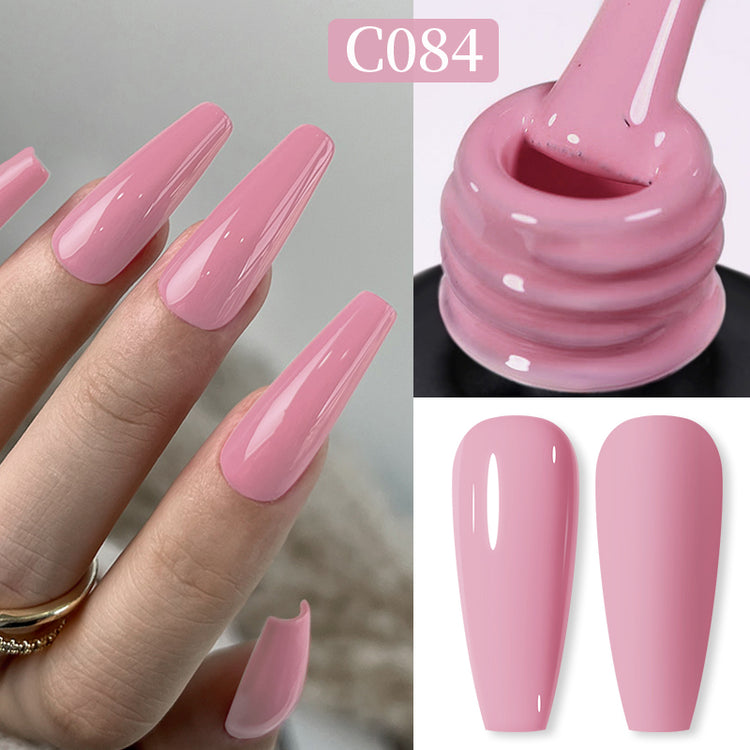 Nail Success Australia gel polish C084 in a dusty rose pink, shown on a model's long glossy coffin nails alongside the bottle and gloss and matte swatch tips