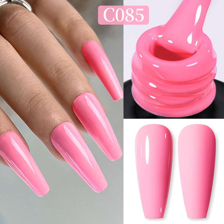 Nail Success Australia gel polish C085 in a bright candy pink, shown on a model's long glossy coffin nails alongside the bottle and gloss and matte swatch tips