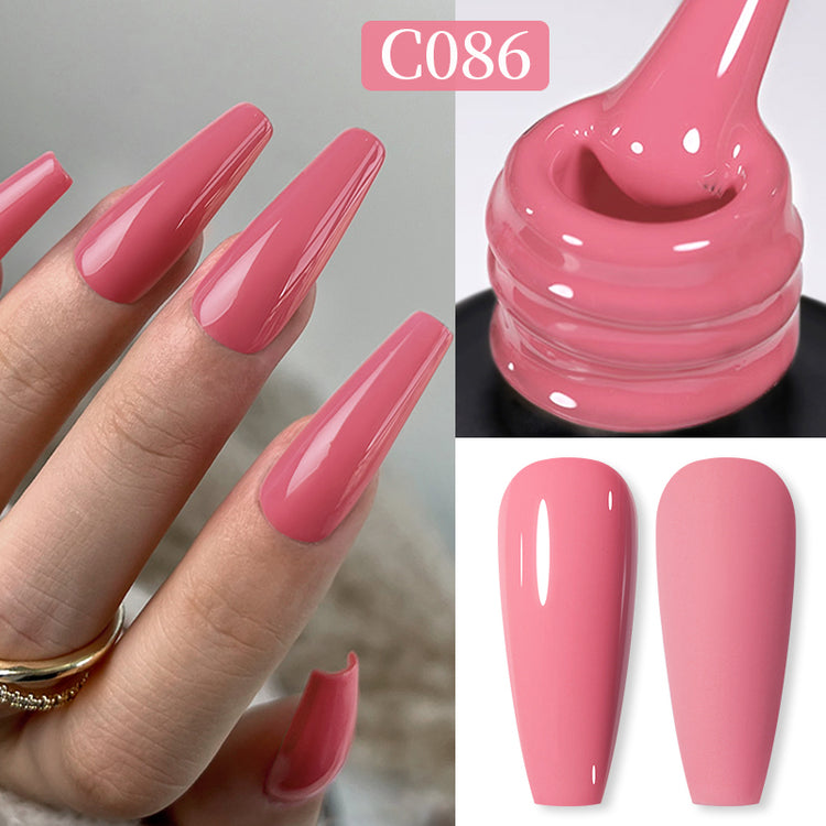 Nail Success Australia gel polish C086 in a muted dusty rose, shown on a model's long glossy coffin nails alongside the bottle and gloss and matte swatch tips