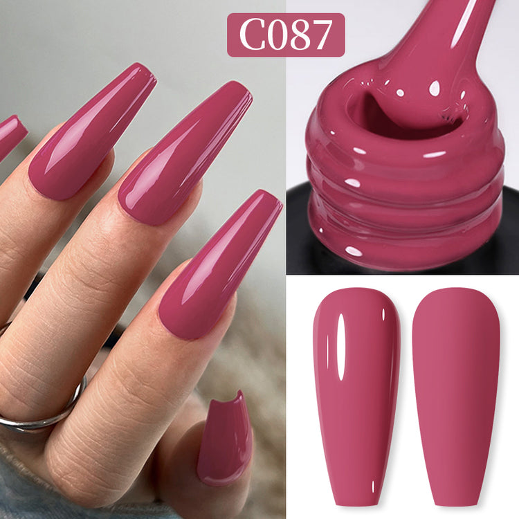 Nail Success Australia gel polish C087 in a deep berry rose, shown on a model's long glossy coffin nails alongside the bottle and gloss and matte swatch tips
