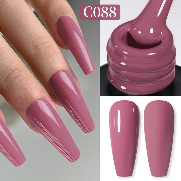 Nail Success Australia gel polish C088 in a mauve dusty pink, shown on a model's long glossy coffin nails alongside the bottle and gloss and matte swatch tips