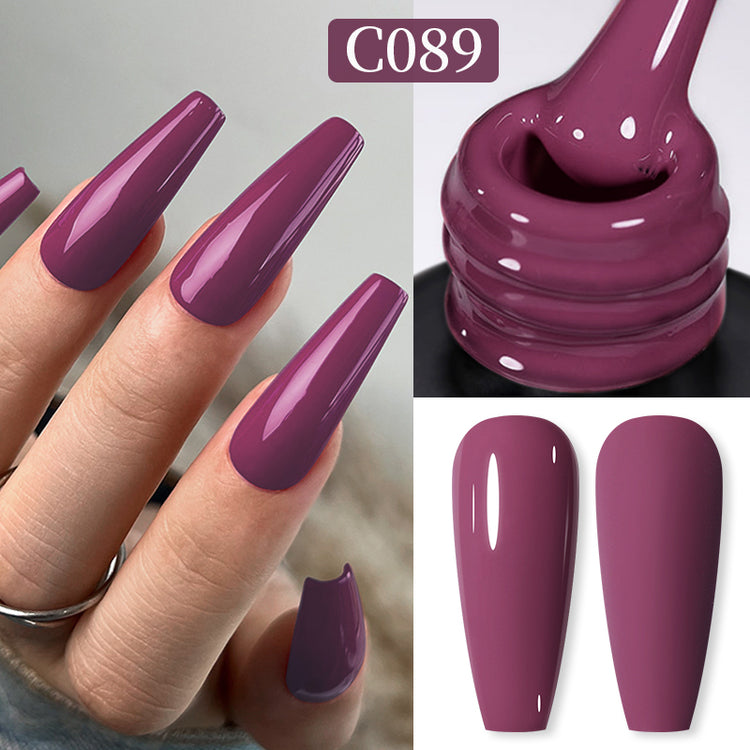 Nail Success Australia gel polish C089 in a plum berry purple, shown on a model's long glossy coffin nails alongside the bottle and gloss and matte swatch tips