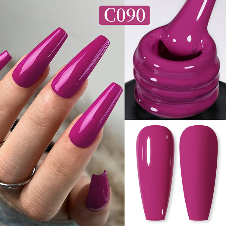 Nail Success Australia gel polish C090 in a bright magenta fuchsia, shown on a model's long glossy coffin nails alongside the bottle and gloss and matte swatch tips