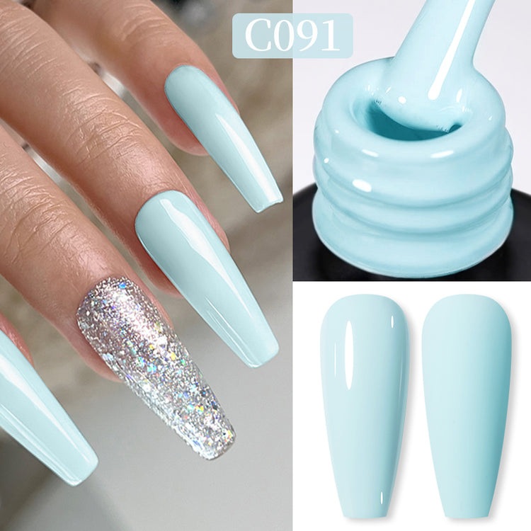 Nail Success Australia gel polish C091 in a pastel baby blue, shown on a model's long glossy coffin nails alongside the bottle and gloss and matte swatch tips