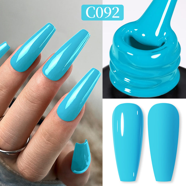 Nail Success Australia gel polish C092 in a bright sky blue, shown on a model's long glossy coffin nails alongside the bottle and gloss and matte swatch tips