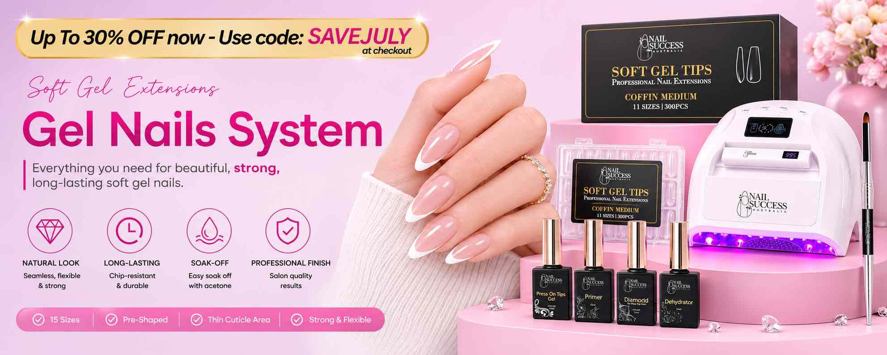 LED curing lamp, and product boxes on a pink background with marketing text.