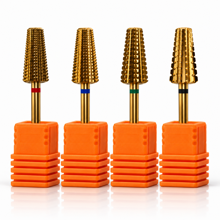 Cyclone 5-in-1 tungsten carbide nail drill bit, four gold wide-cone bits in orange holders, colour-coded