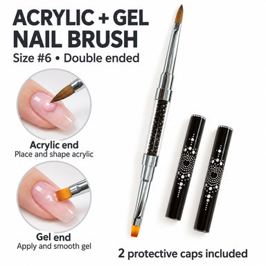 Size 6 double-ended acrylic and gel nail brush with two black protective caps, shown placing acrylic and smoothing gel on pink nails.

