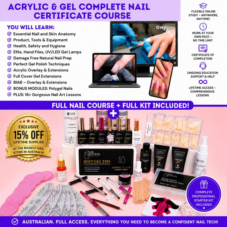 Acrylic and gel complete nail certificate course with online training, full professional starter kit, soft gel tips, BIAB, Gel X, acrylic products, UV LED lamp and nail art tools included
