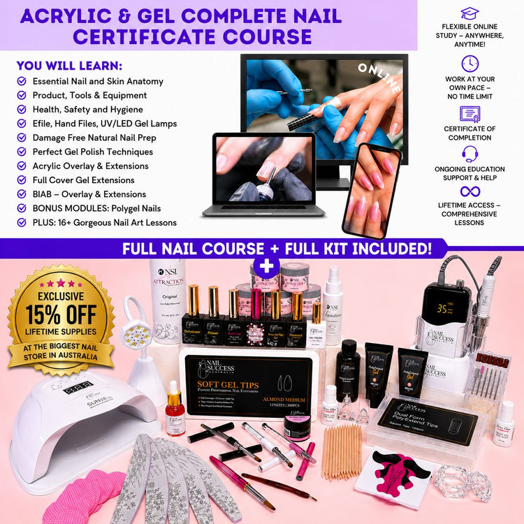 Acrylic and gel complete nail certificate course with online training, full professional nail kit, UV LED lamp, e-file, gel polish, acrylic products and nail art tools included
