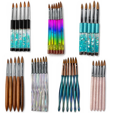 Acrylic nail brush set with multiple handle styles including glitter, rainbow, wooden, crystal and pink brushes for acrylic application and professional nail art