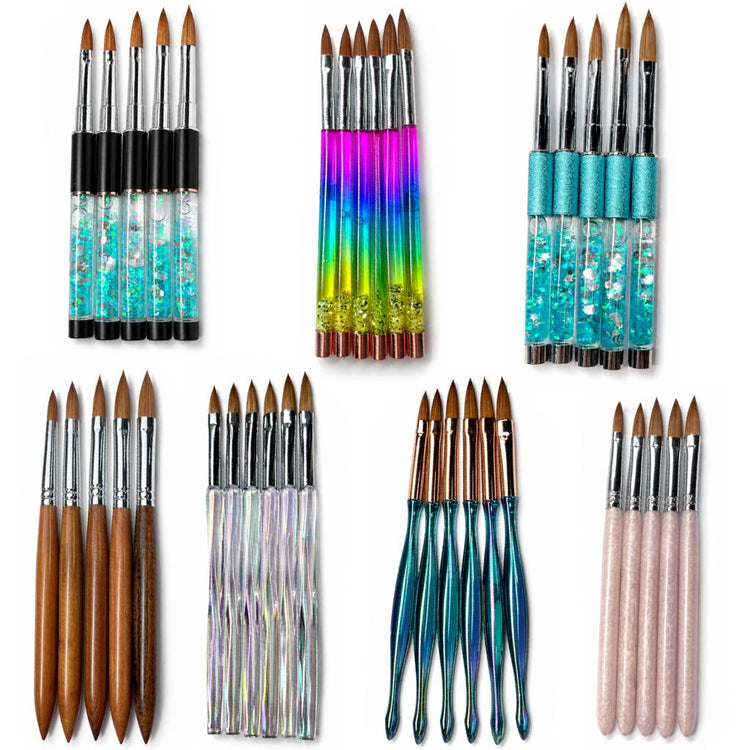 Acrylic nail brush set with multiple handle styles including glitter, rainbow, wooden, crystal and pink brushes for acrylic application and professional nail art
