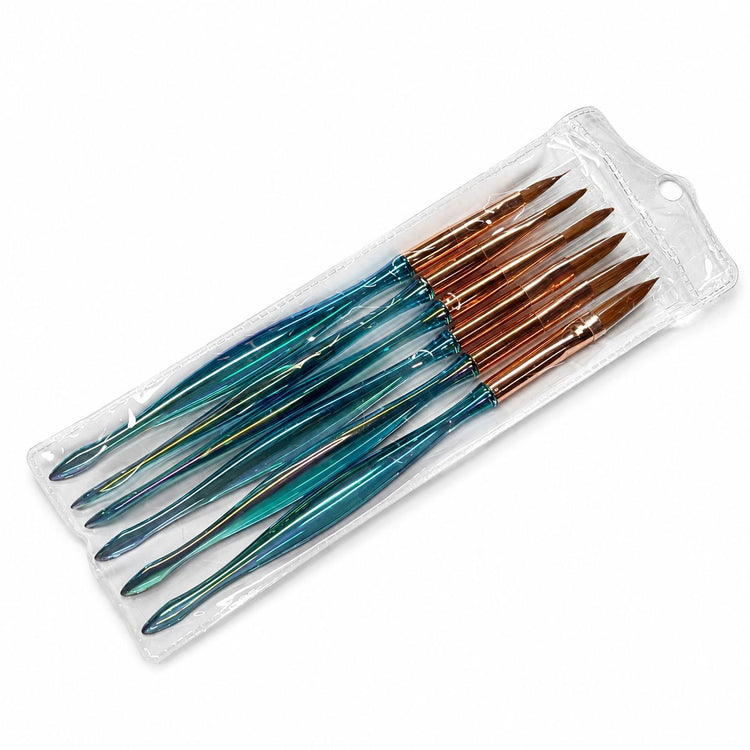 Acrylic nail brush set with blue iridescent handles, rose gold ferrules and pointed brown bristles displayed in clear protective packaging