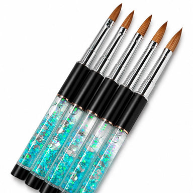 Acrylic nail brush set with black handles, silver ferrules and blue glitter crystal barrels, featuring pointed brown bristles for professional acrylic nail application