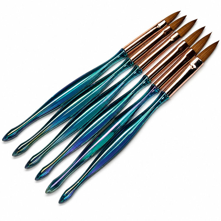 Acrylic nail brush set with blue glass-look iridescent handles, rose gold ferrules and pointed brown bristles for professional acrylic nail application