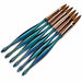 Acrylic nail brush set with blue glass-look iridescent handles, rose gold ferrules and pointed brown bristles for professional acrylic nail application